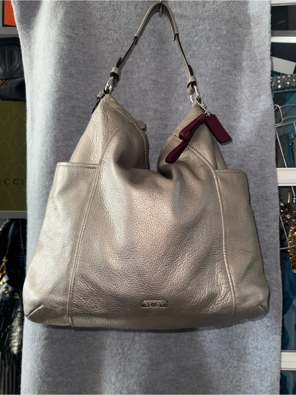 Coach Shoulder Bag in Gray with Silver Logo Plaque